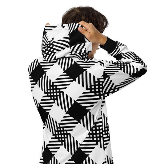 Mens Graphic Zip Hoodie - Black and White Plaid Print