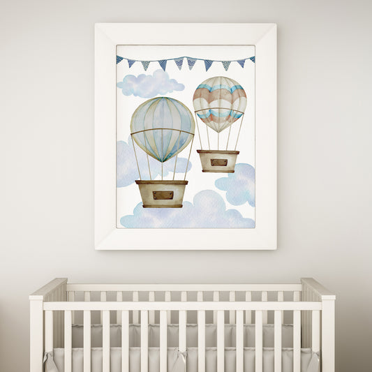 Poster "2 hot air balloons" white frame, A4 format