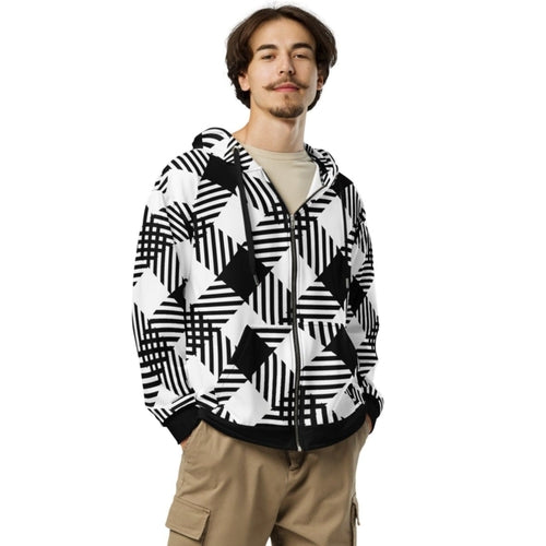 Mens Graphic Zip Hoodie - Black and White Plaid Print