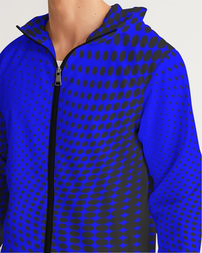 Mens Hooded Windbreaker - Royal Blue Polka Dot Water Resistant Jacket