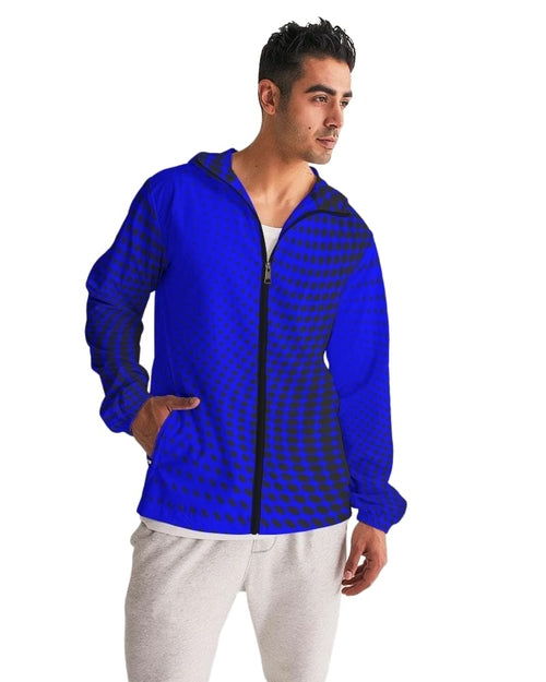 Mens Hooded Windbreaker - Royal Blue Polka Dot Water Resistant Jacket